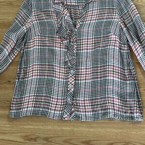 Women's Plaid Ruffle Front Button Down Blouse Petite Neutral Cozy